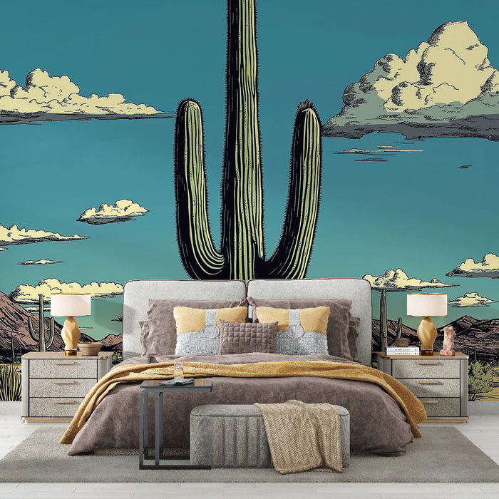 Mural Wallpaper desert | Illustration of a desert landscape with cacti and mountains