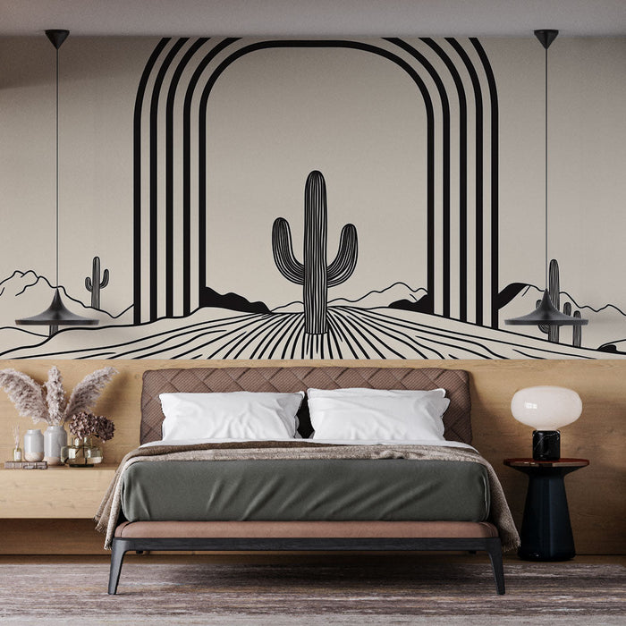 Минималистична тапетна рисунка пустиня | Дизайн с кактус и дъга