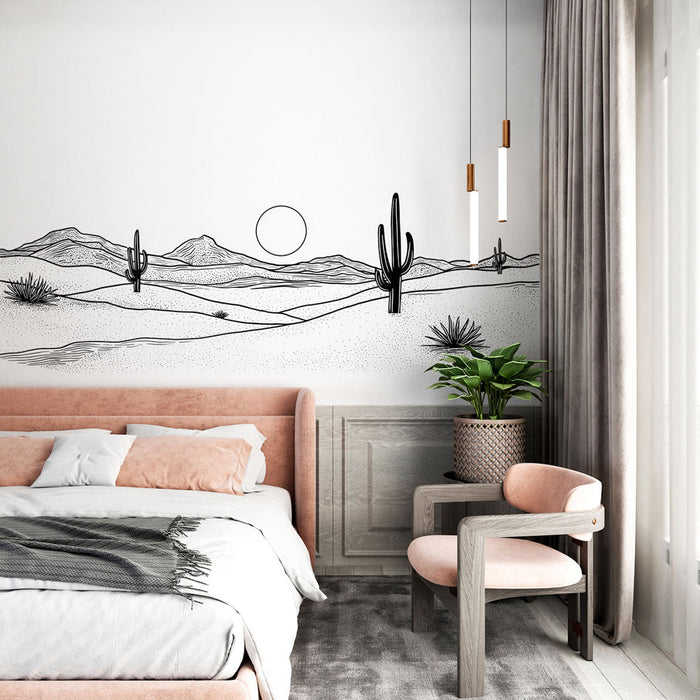 Tapeta pustynna minimalistyczna | Krajobraz pustyni z kaktusami i górami w sylwetce