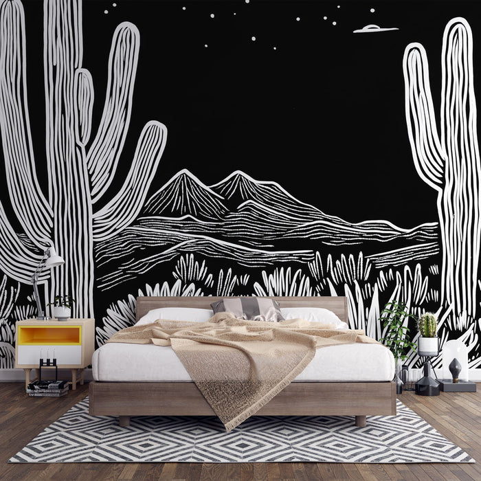 Papel pintado desierto en blanco y negro | Patrón estilizado de cactus y montañas