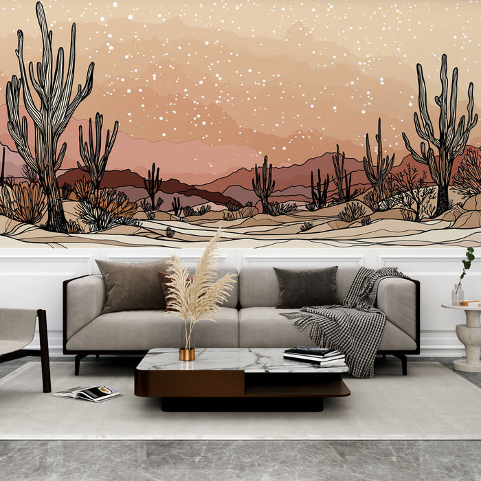Fototapet mirna puščava | Puščavski krajine ilustrirane s kaktusi in nežnimi gorami