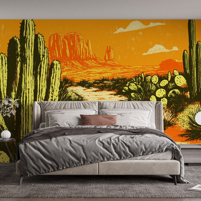 Tapeta pustynia | Kolorowy krajobraz kaktusów i gór pod pomarańczowym niebem
