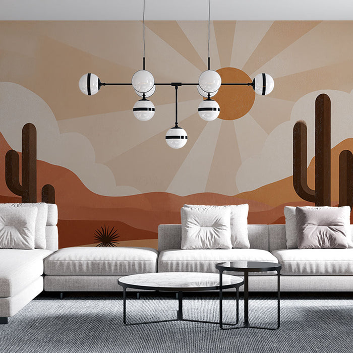 Tapetti aavikko | Stylisoitu maisema kaktuksilla ja laskeva aurinko