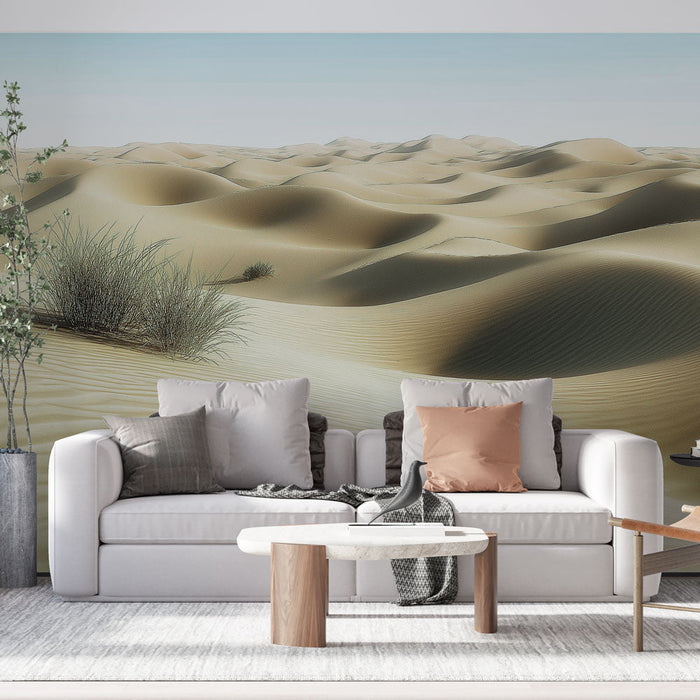 Tapet deșert nisipos | Dune de aur și vegetație verde delicată