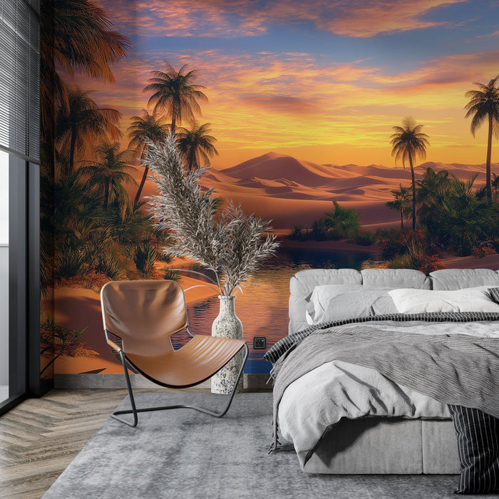 Foto Behang woestijn tropisch | Glinsterende rivier bij zonsondergang omringd door palmbomen