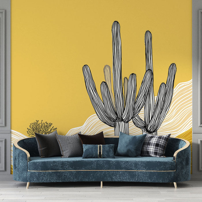 Desert Mural Wallpaper | Stylized cacti on a golden yellow background