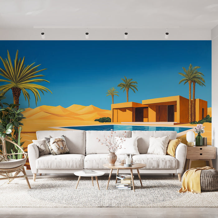 Tapet mural deșert | Casă modernă cu piscină în mijlocul dunei de nisip