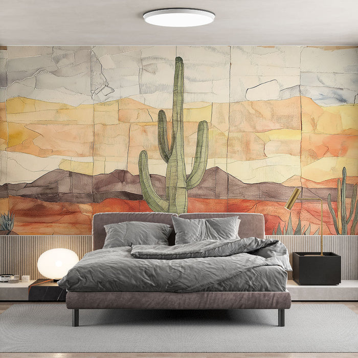 Tapeta pustynna | Kolorowy krajobraz z kaktusami i górami