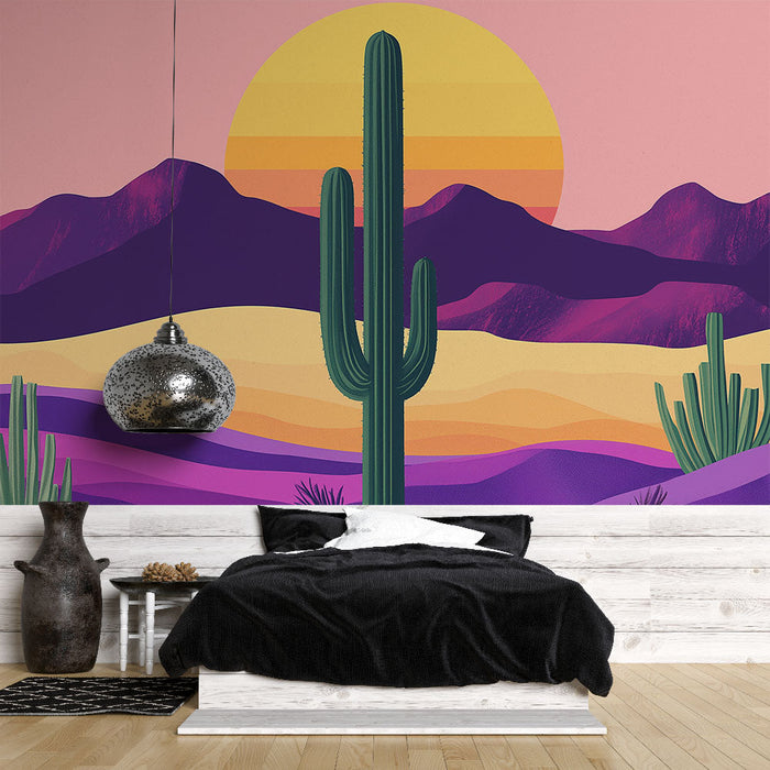 Papel de parede estilo deserto | Paisagem estilizada com cactos e nascer do sol