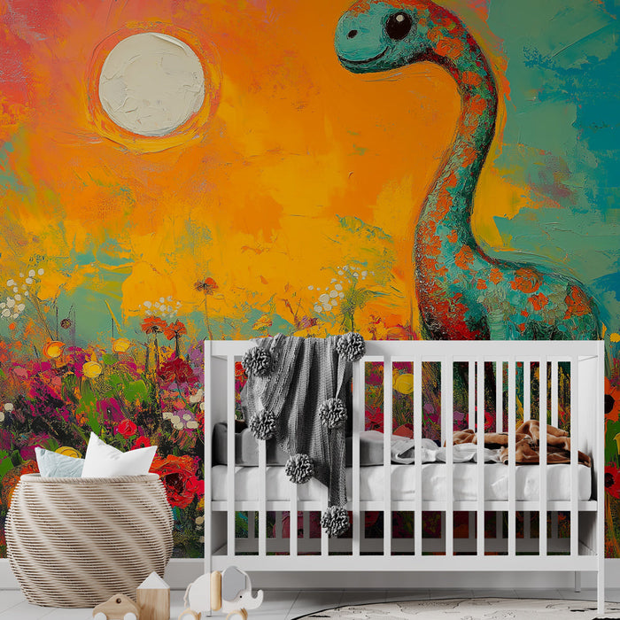 Mural Wallpaper fargerik dinosaur | Leken scene i et levende blomsterfelt