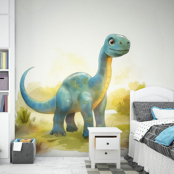 Mural Wallpaper dinosaur | Watercolor drawing of a friendly blue dinosaur