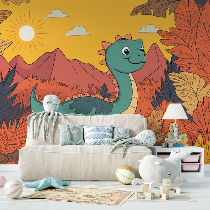 Papel pintado dinosaurio | Felices dinosaurios en medio de una selva colorida