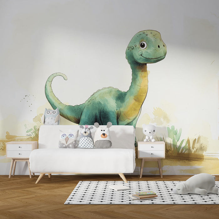 Mural Wallpaper dinosaur | Colorful and Smiling Diplodocus