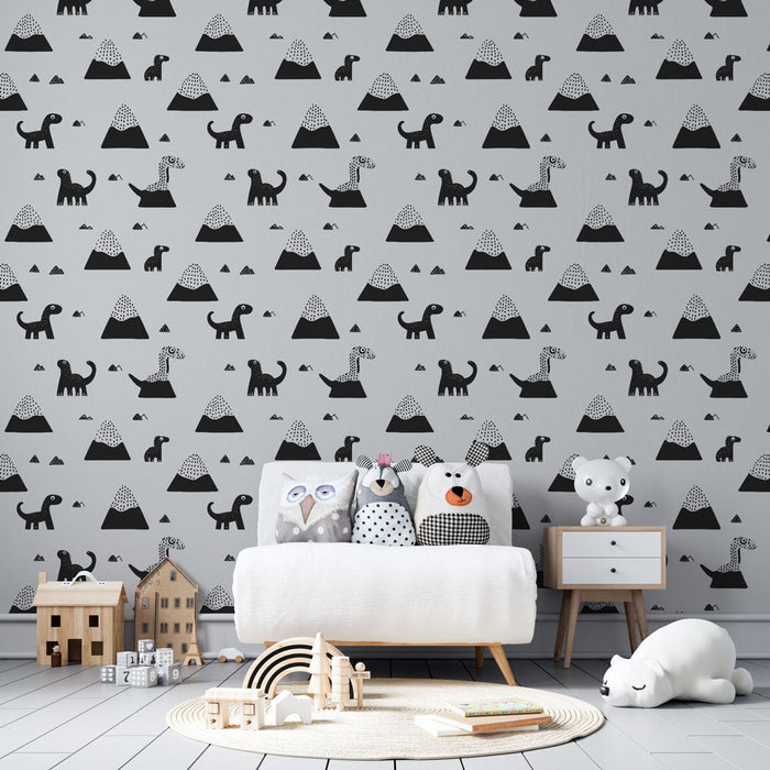 Tapet cu dinozauri și munți | Modele jucause de dinozauri negri și munți geometrici