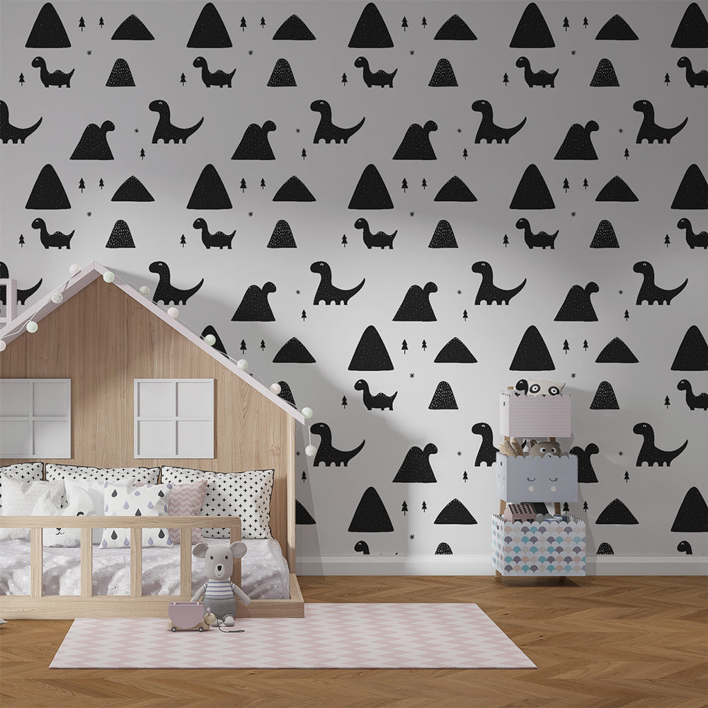 Papel pintado dinosaurio y montañas Patrones juguetones de