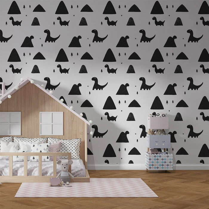 Tapet mural dinozaur și munți | Modele jucause de dinozauri și forme geometrice