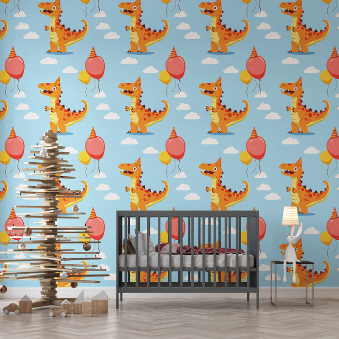 Tapete μουράλ με διακοσμητικό δεινόσαυρο | Γοητευτικοί πολύχρωμοι δεινόσαυροι με μπαλόνια και σύννεφα