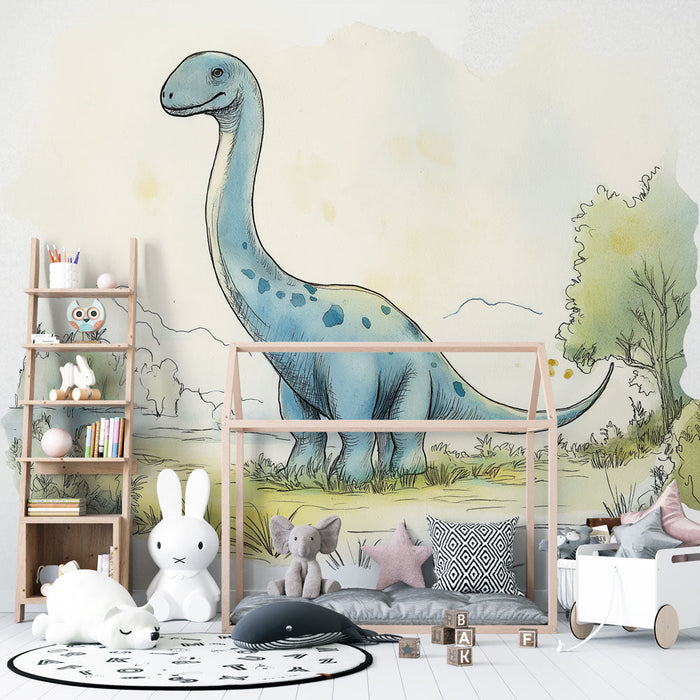 Mural Wallpaper dinosaur | Illustration of a blue dinosaur in its natural habitat