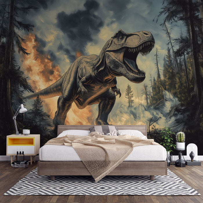 Mural Wallpaper dinosaur | Illustration of T-Rex in an apocalyptic setting