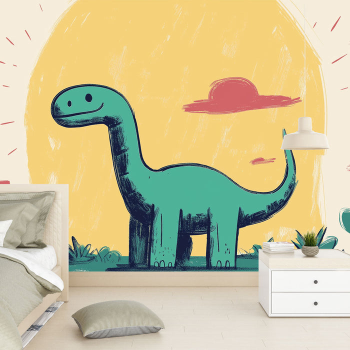 Papel pintado dinosaurio | Ilustración juguetona de un dinosaurio en un paisaje colorido