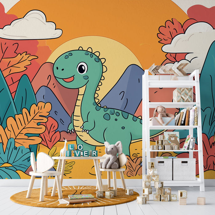 Mural Wallpaper dinosaur | Playful and colorful illustrations of dinosaurs and jungle