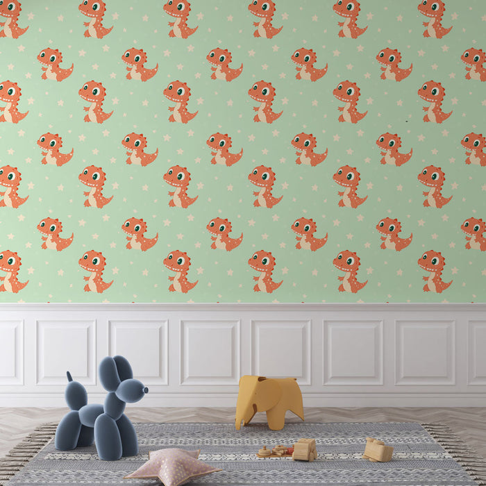Fototapet δεινόσαυρος | Παιχνιδιάρικο μοτίβο με χαμογελαστούς δεινόσαυρους σε αχνό φόντο