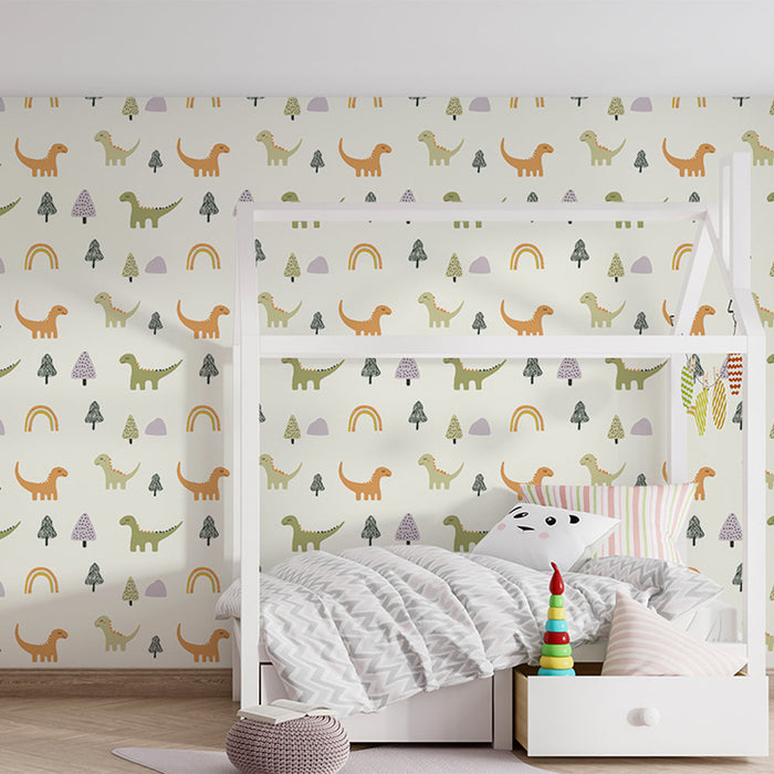 Foto Behang dinosaurus | Speelse dinosaurus- en regenboogpatronen op een lichte achtergrond