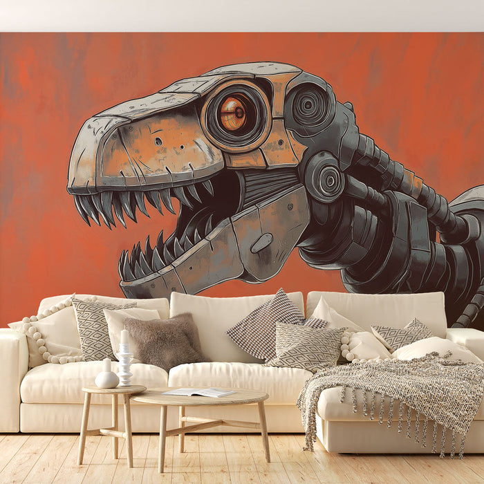 Tapete roboter-dinosaurier | Futuristischer T-Rex auf hellem Hintergrund