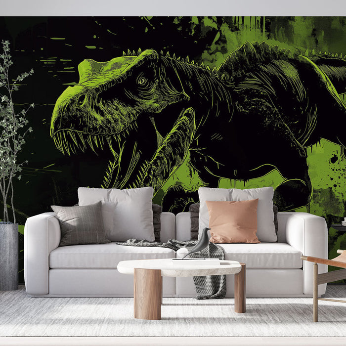 Mural Wallpaper dinosaur | Grafisk T-Rex i grønt og svart