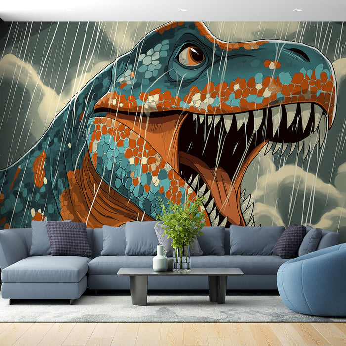 Mural Wallpaper dinosaur | T-Rex in the rain