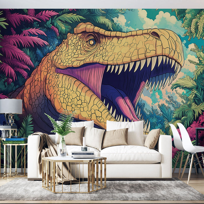 Mural Wallpaper dinosaur | Tyrannosaurus in the middle of the colorful jungle