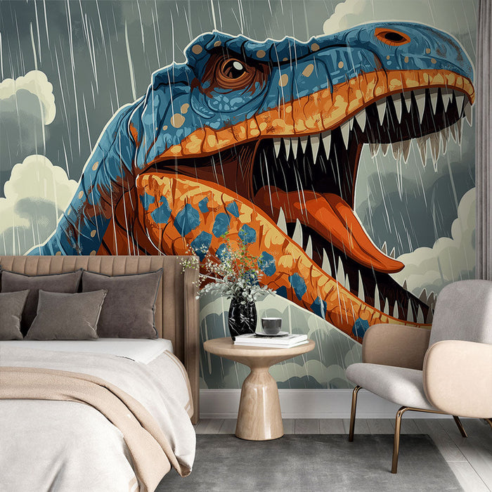 Papel pintado dinosaurio | Tiranosaurio en la lluvia colorida