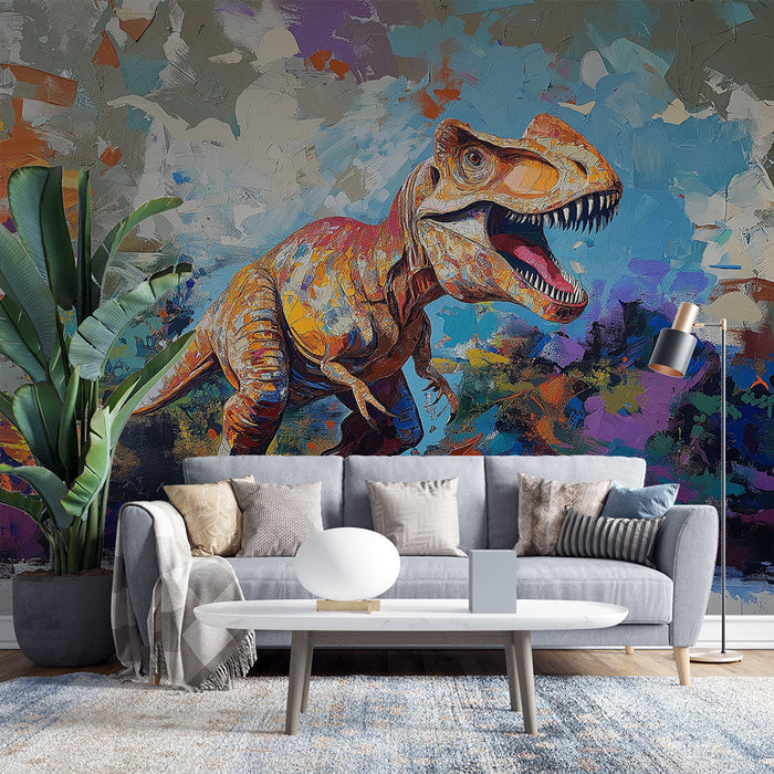 Papel pintado dinosaurio | Tiranosaurio dinámico con colores brillantes