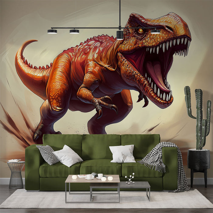 Papel pintado dinosaurio | Rugiente Tiranosaurio en colores brillantes