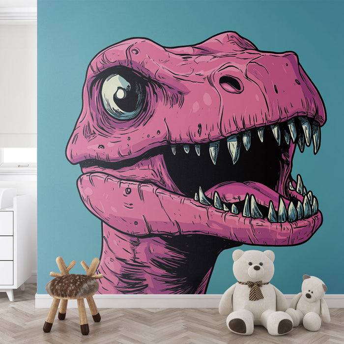 Mural Wallpaper Dinosaur | Pink Dinosaur Face with a Blue Background