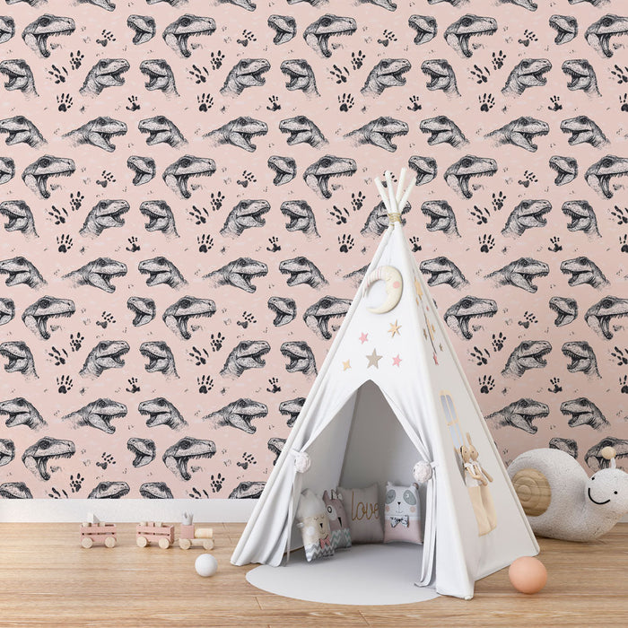 Mural Wallpaper dinosaur | Dinosaur faces on a pink background