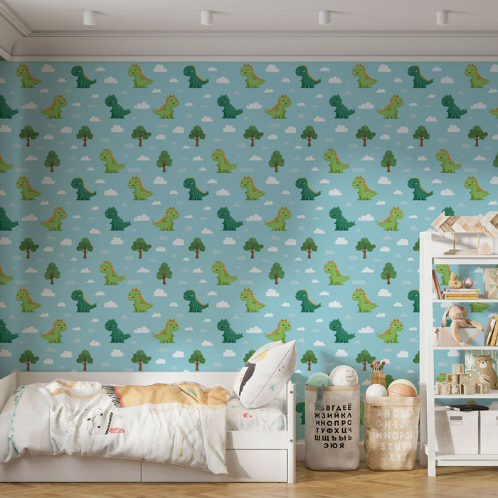 Fototapet dinosaurer | Sød farverig dinosaur og træmotiv på en blå baggrund