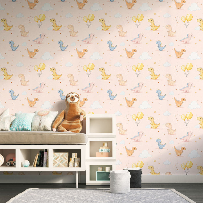 Tapete με δεινόσαυρους | Αξιαγάπητοι πολύχρωμοι δεινόσαυροι με μπαλόνια σε ροζ φόντο