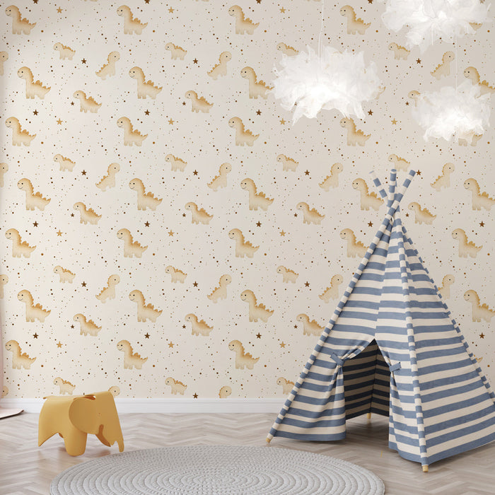 Mural Wallpaper dinosaurs | Adorable pastel dinosaurs on a beige background with golden stars