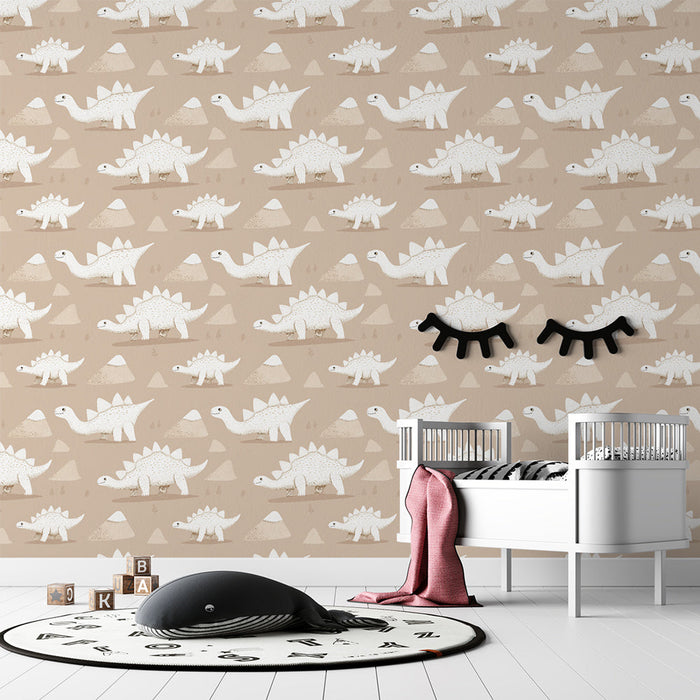 Tapete с динозаври | Очарователни бели динозаври на бежов фон