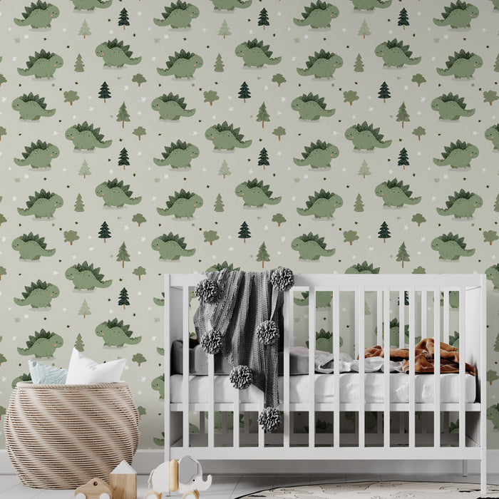 Fototapet dinosaurer | Søde grønne dinosaurer omgivet af træer og stjerner
