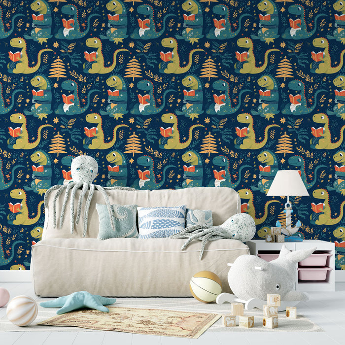 Fototapet dinosaurier | Roliga dinosaurier läser böcker på en nattbakgrund