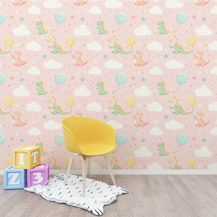 Tapete με δεινόσαυρους | Πολύχρωμοι δεινόσαυροι που αιωρούνται με μπαλόνια σε ροζ φόντο.