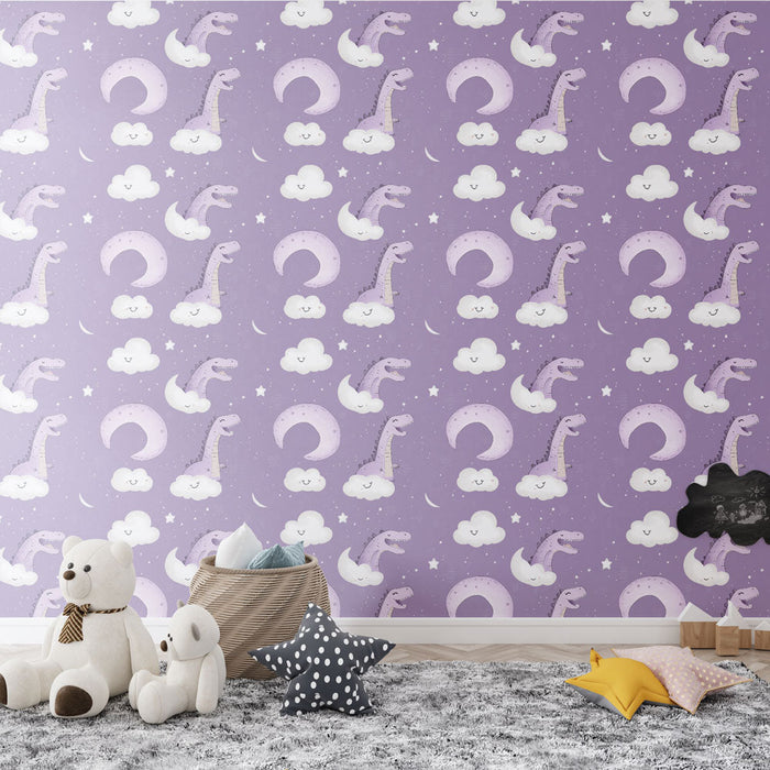 Mural Wallpaper dinosaurs and clouds | Playful patterns of dinosaurs and crescents on a purple background
