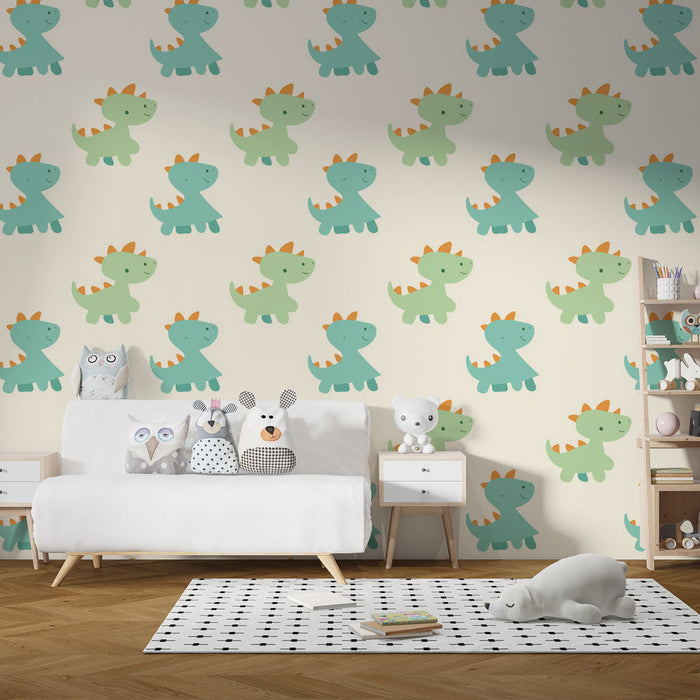 Tapete със сладки динозаври | Малки зелени и сини динозаври на кремав заден план