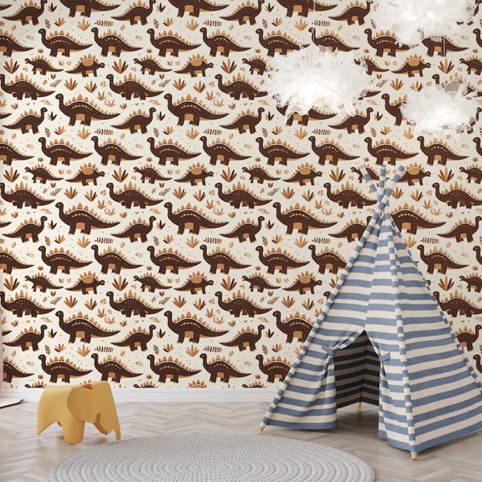 Fototapet dinosaurier | Roligt dinosauriemotiv i bruna toner på en ljus bakgrund