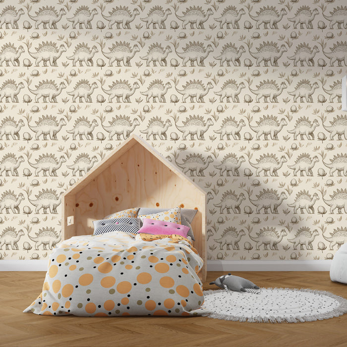 Papel pintado de dinosaurios | Divertido y retro patrón de dinosaurios sobre fondo crema