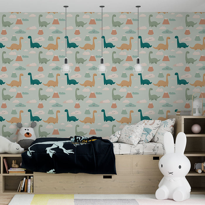 Fototapet dinosaurer | Farverigt mønster med dinosaurer og vulkaner på en blød baggrund