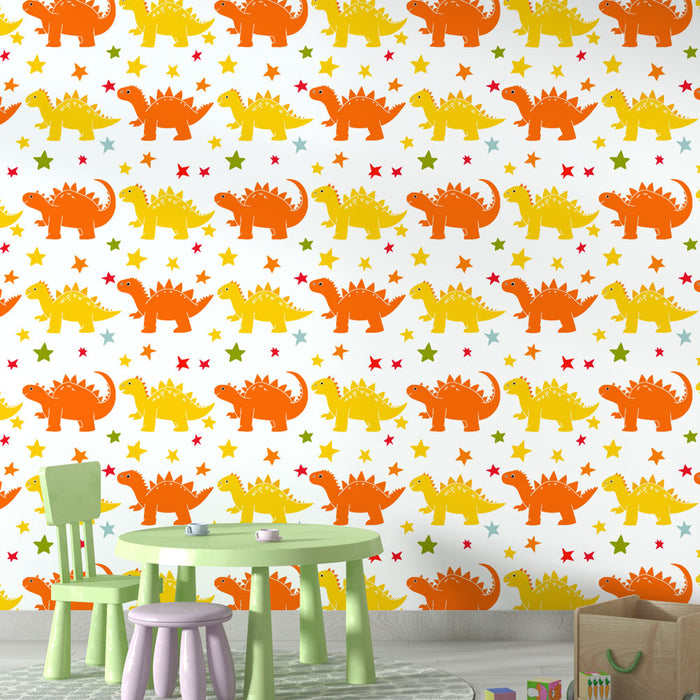 Tapete με δεινόσαυρους | Πολύχρωμο μοτίβο με παιχνιδιάρικους δεινόσαυρους και αστέρια