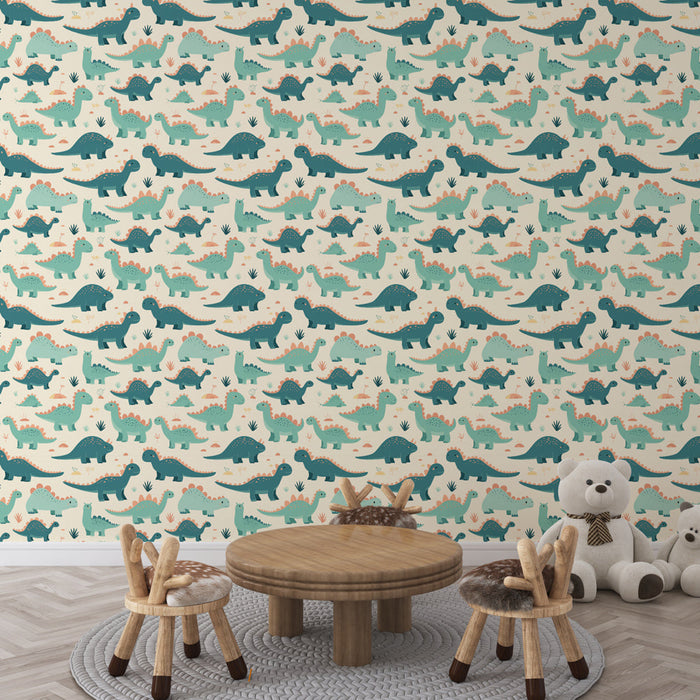 Fototapet dinosaurer | Legende mønster med forskellige dinosaurer i bløde farver